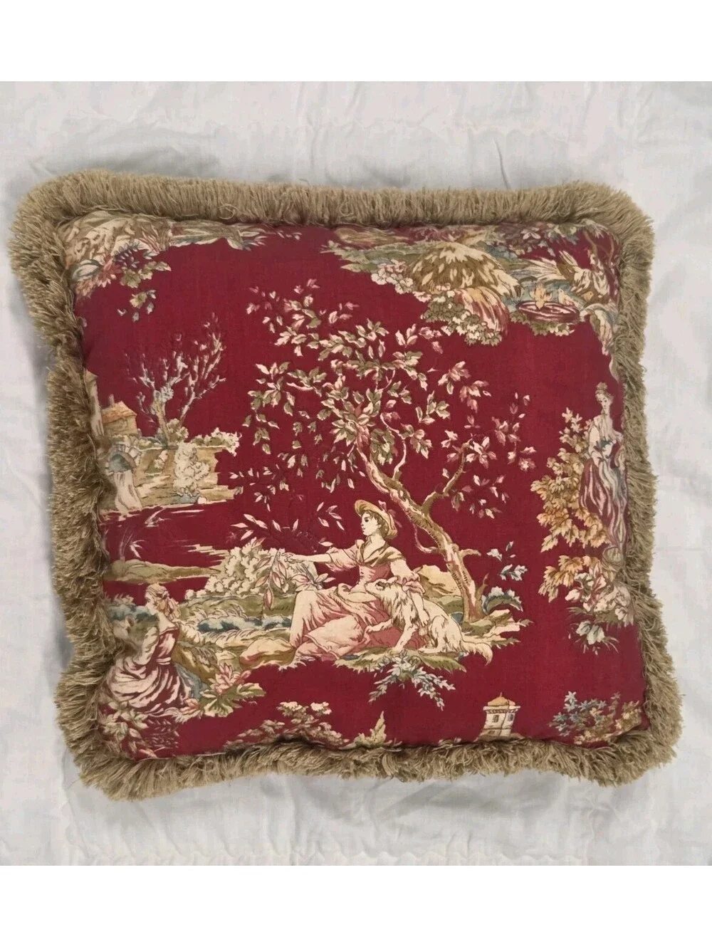 Wesley Hall 17 x 17 Fremont Red Pastorale Toile De Jouy Fringed Throw Pillow Vtg